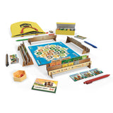 Board game set with various components on a white background