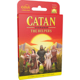 Catan Scenario: The Helpers game box with characters and sunset design on a red background
