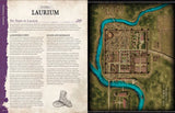 Book page with map of Laurium and descriptive text on a textured background