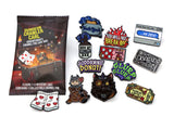Collection of enamel pins and a packaging with text and graphics on a white background