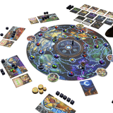 Board game with colorful board and various game pieces on a white background