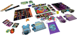 Collection of colorful board game components on a white background