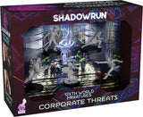 Shadowrun Sixth World Miniatures Corporate Threats packaging with figures and cityscape background