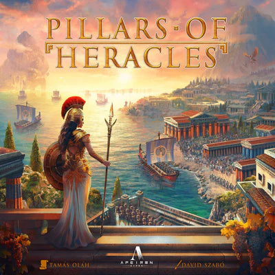 Cover of 'Pillars of Heracles' board game with a classical scene and character.