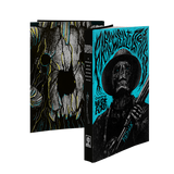 Gothic-style book with skeleton design on a white background