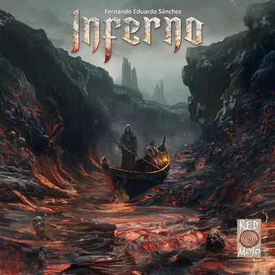 Board game cover of 'Inferno' by Fernando Eduardo Sanchez with a dark, fiery landscape and a boat.