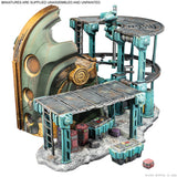 Detailed model of a futuristic structure with metallic and green colors on a white background.
