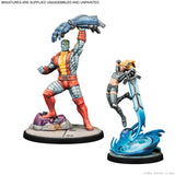 Two miniature superhero figurines on a white background with text indicating they are unassembled and unpainted.
