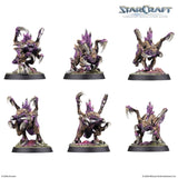 Six miniature figures from the StarCraft tabletop miniatures game on a white background.