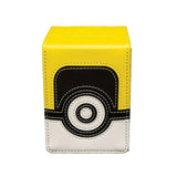 Yellow and white card holder with a black circular design on a white background
