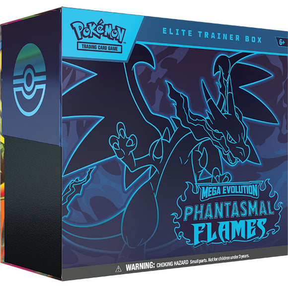 Pokémon trading card game elite trainer box with Mega Evolution Phantasmal Flames design.