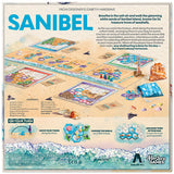 Board game packaging for 'Sanibel' by Hasbro Games with game pieces and shell illustrations.