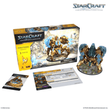 StarCraft tabletop miniatures game contents shown on a white background, including the Immortal Protoss warrior box, a painted mini-figure, cards, and a character sheet. The StarCraft logo is visible at the top right.