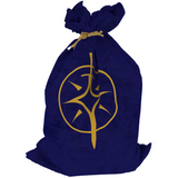 Blue drawstring bag with gold symbol on a white background