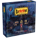 Board game box for 'Darkridge Reunion' with a spooky house illustration on a blue background.
