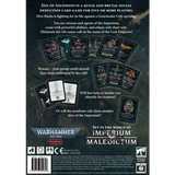 Back cover of a Warhammer 40,000 game box with card illustrations and text.