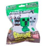 Minecraft Series Set Squishme blind bag toy packaging by MOC AG, featuring a green Creeper, a brown Panda, and a white Snowman figure inside a clear plastic bag with a green and white header.