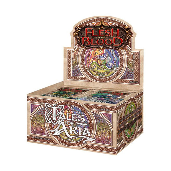 Card game box titled 'Flesh and Blood: Tales of Aria' with intricate designs on a white background