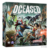 Board game box for 'DCEased: A Zombiecide Game' featuring comic book characters including Superman, Wonder Woman, Batman, and Green Lantern in a battle scene, with zombie figures and a city background.