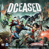 Board game box cover for 'DCEASED: A Zombicide Game' featuring illustrated comic-book characters Superman, Batman, Wonder Woman, and others fighting off a horde of zombies in a ruined city. The title 'DCEASED' appears in large distressed white letters at the top, with DC and Zombicide branding at the bottom.