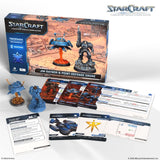 StarCraft tabletop miniatures game set with box, figures, and cards on a white background