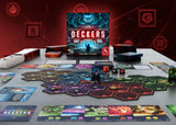 Board game setup with 'Deckers' box on a table against a red background