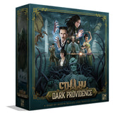 Board game box for 'Cthulhu: Dark Providence' with characters and Cthulhu design on a dark background.