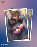 Two illustrated cards featuring cartoon characters with animal-like features on a gradient purple and blue background.