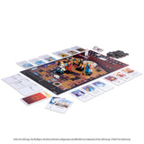 Board game with LEGO figures and cards on a white background