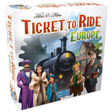 Board game box for 'Ticket to Ride Europe' featuring characters and a train.