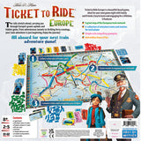 Board game packaging for 'Ticket to Ride Europe' with colorful train routes and characters.
