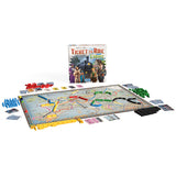 Board game set with 'Ticket to Ride Europe' map and pieces on a white background
