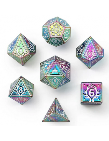 Hymgho Dice: Druid Solid Metal RPG Dice Set - Rainbow and White - 7D