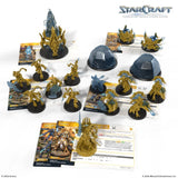 StarCraft tabletop miniatures game set with models and cards on a white background