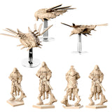 Set of beige figurines and models on a white background