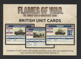 Promotional image for 'Flames of War' British unit cards with tank graphics and text.