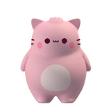 Pink cartoon-like cat plush toy on a white background
