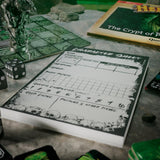 Character sheet for a tabletop game on a gaming table with dice and game components.