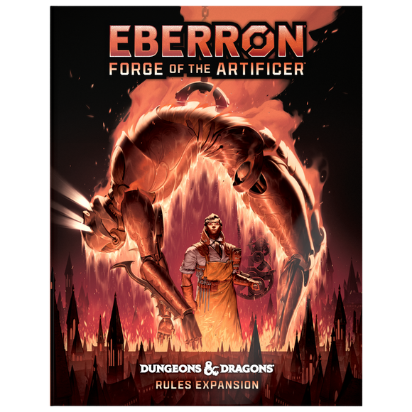 Cover of 'Eberron: Forge of the Artificer' expansion for Dungeons & Dragons featuring a character and large mechanical figure.