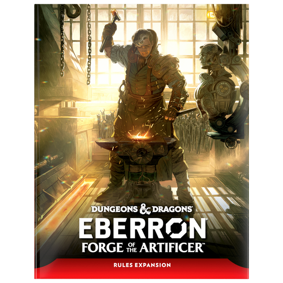 Dungeons & Dragons Eberron Forge of the Artificer rules expansion book cover with a character forging in a workshop.