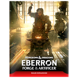 Dungeons & Dragons Eberron Forge of the Artificer rules expansion book cover with a character forging in a workshop.