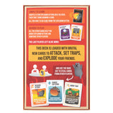 The front of a card game box shown against a plain white background. The box is red with a large yellow text panel and cartoon illustrations of game characters and sample cards.