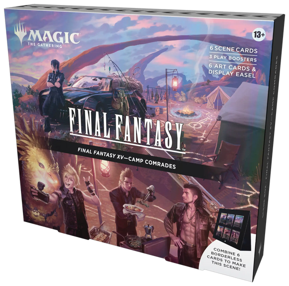 Board game box for 'Final Fantasy XV: Camp Comrades' featuring characters and a car on a scenic background.