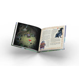 Open book with illustrations and text on a white background