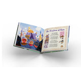 Open book with colorful illustrations and text on a white background