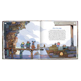 An open children's book showing a colorful illustrated scene with characters on a dock and a boat, alongside the printed title 'After the origin' and text on the right page.