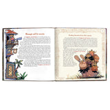 An open illustrated book spread showing two printed pages with fantasy-themed text and artwork. The left page has a blue and green architectural illustration with decorative border details, and the right page has a beige ornamental border with a small fantasy character illustration near the bottom.