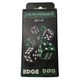 Arkham Horror Game Dice set in EDGE packaging, featuring green translucent dice printed on the front of the black box.