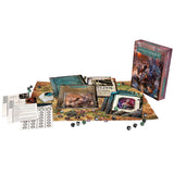 Board game components including a box, cards, and dice on a white background