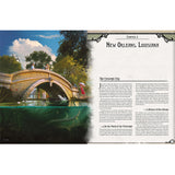 A printed page spread from a book or magazine featuring a painted scene of a stone bridge over green water on the left and an article titled 'New Orleans, Louisiana' on the right.